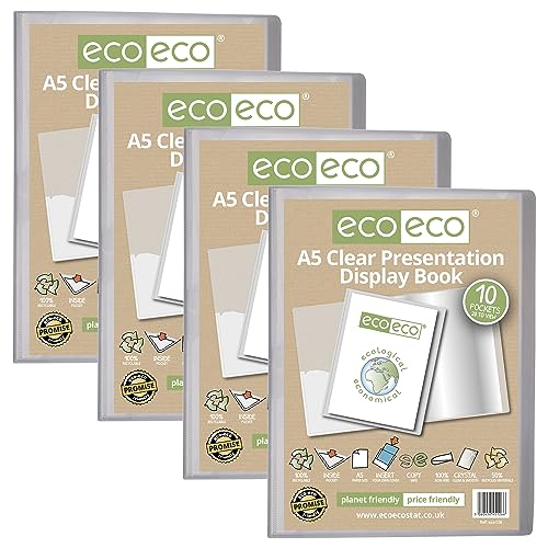 eco-eco Präsentationsbuch, A5, 50% recycelt, 10 Taschen, transparent, Aufbewahrungsbox, Portfolio-Kunstmappe mit Kunststoffhüllen, 4 Stück, eco126 x 4 von eco-eco stationery limited