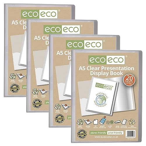 eco-eco Präsentationsbuch, A5, 50% recycelt, 20 Taschen, transparent, Aufbewahrungsbox, Portfolio-Kunstmappe mit Kunststoffhüllen, 4 Stück, eco127 x 4 von eco-eco stationery limited