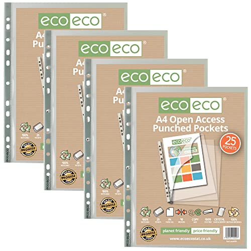 eco-eco A4, 100% recycelt, mehrfach gelocht, Glas, transparent, oben und seitlich, transparent, Poly-Brieftaschenschutz, 90 Mikrometer (100 Stück), eco059 x 4 von eco-eco