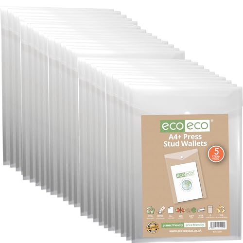 eco-eco A4 50% recycelte, transparente Hochformat-Mappe mit Druckknopf, Kunststoff, 330 x 235 mm, 200 mic, eco157 x 25 mm von eco-eco