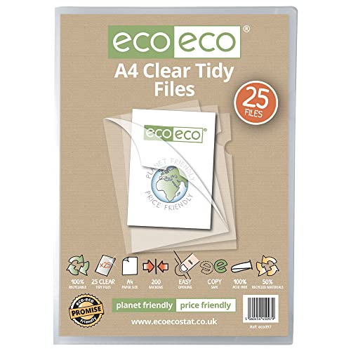 eco-eco eco097 Dokumentenmappen, A4, 50% recycelt, 200 Mikron, oben und seitlich offen, transparent, bündig, 25 Stück von eco-eco