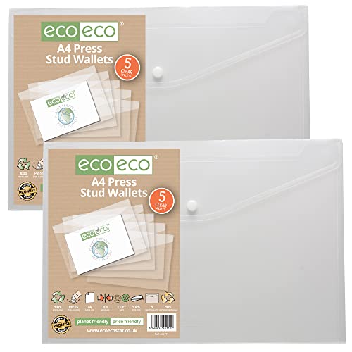 eco-eco A4 50% recycelte transparente Druckknopf-Dokumententasche aus Kunststoff, 310 x 238 mm (10 Stück), 200 mic, eco111 x 2 von eco-eco