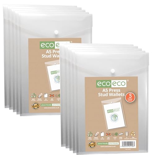 eco-eco A5 50% recycelte, transparente Hochformat-Mappe mit Druckknopf, Kunststoff, 230 x 170 mm, 200 mic, eco158 x 2 von eco-eco