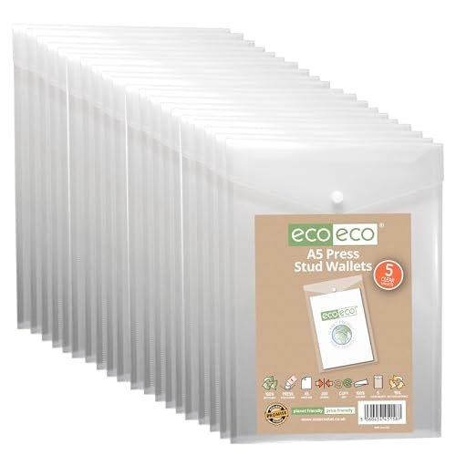 eco-eco A5 50% recycelte, transparente Hochformat-Mappe mit Druckknopf, Kunststoff, 230 x 170 mm, 200 mic, eco158 x 4 von eco-eco