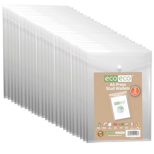 eco-eco A5 50% recycelte, transparente Hochformat-Mappe mit Druckknopf, Kunststoff, 230 x 170 mm, 25 Stück, 200 mic, eco158 x 25 von eco-eco