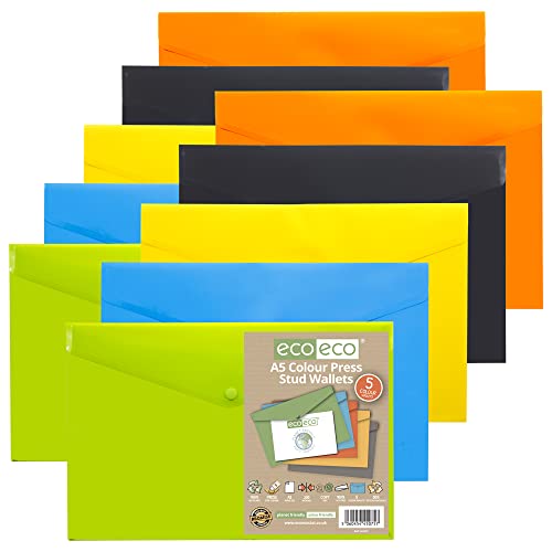 eco-eco A5 50% recycelte Dokumentenmappe mit Druckknopf, 10 Stück, grün, schwarz, blau, gelb, orange, eco075x2 von eco-eco