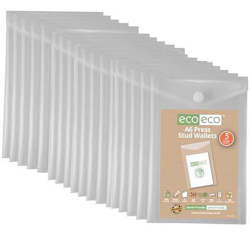 eco-eco A6 50% recycelte, transparente Hochformat-Mappe mit Druckknopf, Kunststoff, 180 x 120 mm, 200 mic, eco159 x 4 von eco-eco