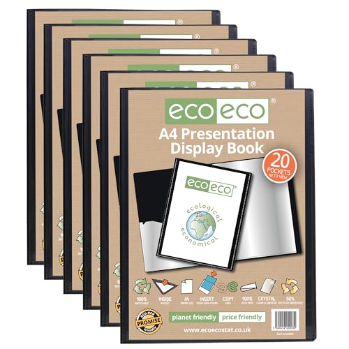 eco-eco Eco003 x 6 Präsentationsmappe, A4-Format, 50% recycelt, 20 Taschen, Schwarz, Präsentationsmappe mit Kunststoffhüllen, 6 Stück von eco-eco