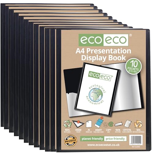 eco-eco Eco042 x 12 Präsentationsmappe, A4-Format, 50% recycelt, 10 Taschen, schwarz, Präsentationsmappe mit Kunststoffhüllen (Packung mit 12 Büchern), Schwarz von eco-eco