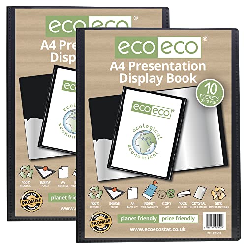 eco-eco Eco042 x 2 Präsentationsmappe, A4-Format, 50% recycelt, 10 Taschen, Schwarz, Präsentationsmappe mit Kunststoffhüllen (2 Stück), Schwarz von eco-eco