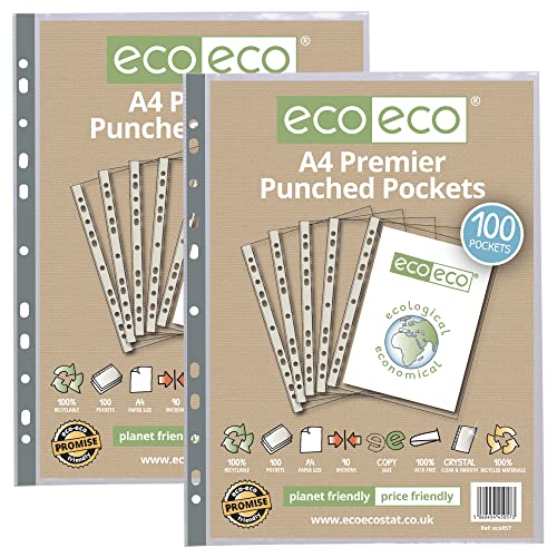 eco-eco Eco057x2 Klarsichthüllen, DIN A4, 100% recycelt, mehrfach gelocht, transparent, 90 Mikrometer, 2 Packungen mit je 100 Stück von eco-eco