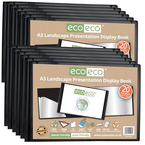 eco-eco Eco096x12 Präsentationsmappe, A3, 50% recycelt, 20 Taschen, Querformat, schwarz, Aufbewahrungsetui, Kunstmappe mit Kunststoffhüllen, 12 Stück von eco-eco