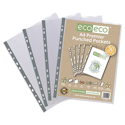 eco-eco Eco108 Klarsichthüllen, DIN A4, 100% recycelt, mehrfach gelocht, transparent, 90 Mikrometer, 50 Stück von eco-eco