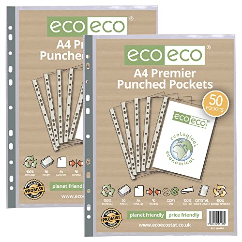 eco-eco Eco108x2 Klarsichthüllen, A4, 100% recycelt, mehrfach gelocht, transparent, Poly-Hülle, 90 Mikron, 100 Hüllen (2 Packungen mit je 50 Stück) von eco-eco