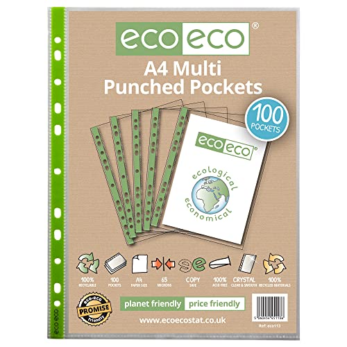 eco-eco Eco113 Klarsichthüllen, A4, 100% recycelt, mehrfach gelocht, transparent, 65 Mikrometer, 100 Stück von eco-eco