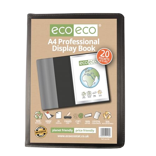 eco-eco Eco139 Profi-Buch, A4, 50% recycelt, 20 Taschen, gepolstert, Kunstmappe mit Kunststoffhüllen, Schwarz von eco-eco