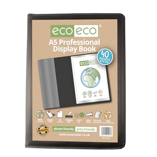 eco-eco Eco143 Profi-Buch, A5, 50% recycelt, 40 Taschen, gepolstert, Kunstmappe mit Kunststoffhüllen, Schwarz von eco-eco