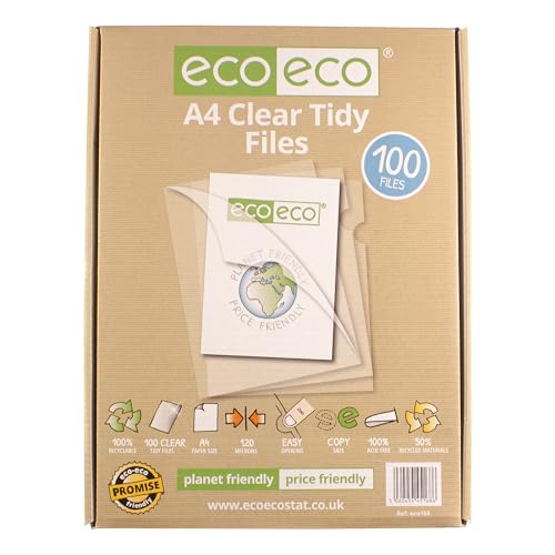 eco-eco Eco168 Dokumentenmappen, A4, 50% recycelt, 120 Mikron, oben und seitlich offen, transparent, bündig, 100 Stück von eco-eco