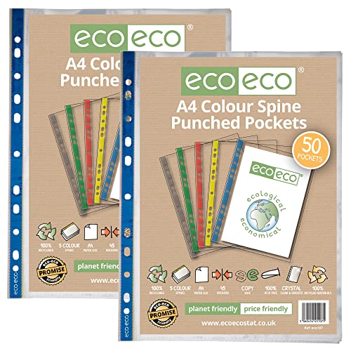 eco-eco Klarsichthüllen, A4, 100% recycelt, farbiger Rücken, mehrfach gelocht, aus Glas, transparent, 45 Mikron, 100 Stück (2 Packungen mit je 50 Stück), eco107x2 von eco-eco