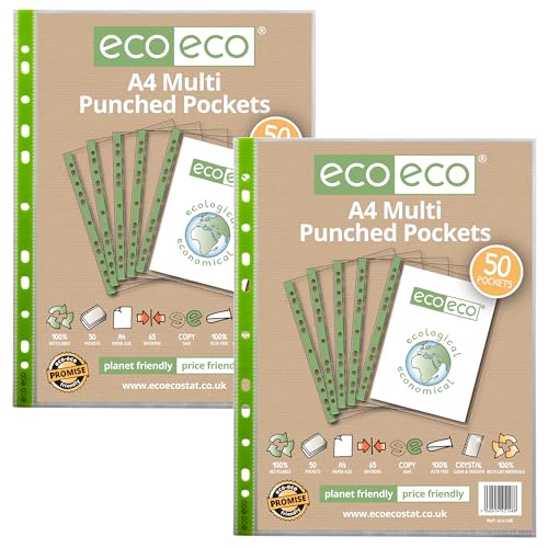 eco-eco Klarsichthüllen, A4, 100% recycelt, mehrfach gelocht, glasklar, transparent, 65 Mikrometer, 2 Packungen mit 50 Stück, eco148 x 2 von eco-eco