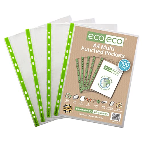 eco-eco Klarsichthüllen, A4, 100% recycelt, mehrfach gelocht, transparent, 65 Mikrometer (2 Packungen mit 100 Stück), 200 Hüllen, eco113 x 2 von eco-eco