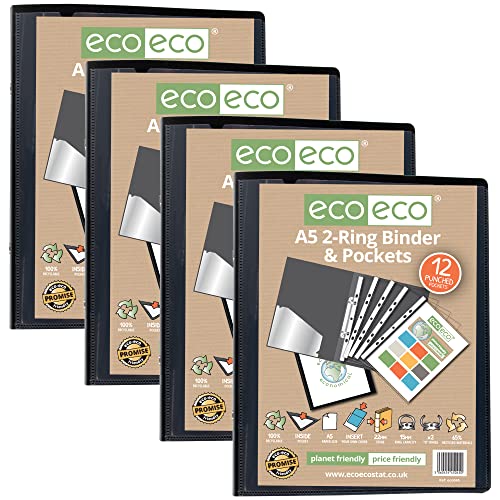 eco-eco Präsentations-Ringbuch, A5, 65% recycelt, mit 12 mehrfach gelochten Hüllen, Schwarz, 4 Stück, eco045x4 von eco-eco