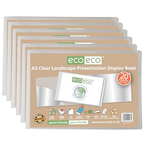 eco-eco Präsentationsbuch, A3, 50% recycelt, 20 Hüllen, transparent, Querformat, Aufbewahrungsetui, Kunstmappe mit Kunststoffhüllen, 6 Stück, eco176 x 6 von eco-eco