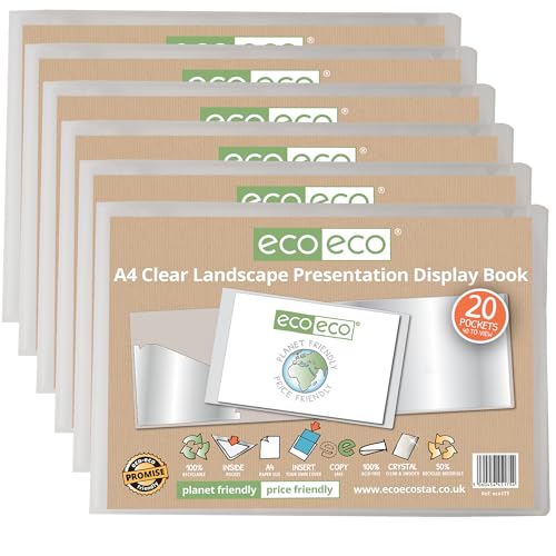 eco-eco Präsentationsbuch, A4, 50% recycelt, 20 Hüllen, transparent, Querformat, Aufbewahrungsetui, Kunstmappe mit Kunststoffhüllen, 6 Stück, eco175 x 6 von eco-eco