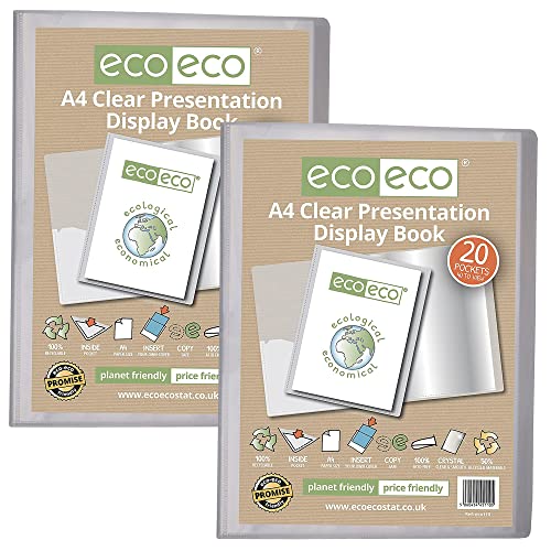 eco-eco Präsentationsbuch, A4, 50% recycelt, 20 Taschen, transparent, Aufbewahrungsbox, Portfolio, Kunstmappe mit Kunststoffhüllen, 2 Stück, eco110 x 2 von eco-eco