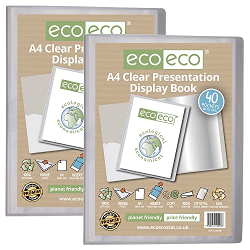 eco-eco Präsentationsbuch, A4, 50% recycelt, 40 Taschen, transparent, Aufbewahrungsbox, Portfolio, Kunstmappe, mit Kunststoffhüllen, 2 Stück, eco098x2 von eco-eco