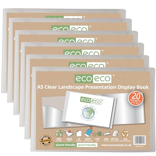 eco-eco Präsentationsbuch, A5, 50% recycelt, 20 Hüllen, transparent, Querformat, Aufbewahrungsetui, Kunstmappe mit Kunststoffhüllen, 6 Stück, eco174 x 6 von eco-eco