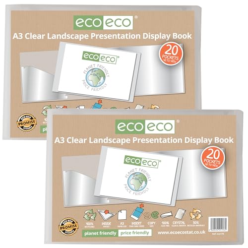 eco-eco Präsentationsmappe, A3, 50% recycelt, 20 Hüllen, transparent, Querformat, Aufbewahrungsetui, Kunstmappe mit Kunststoffhüllen, 2 Stück, eco176 x 2 von eco-eco