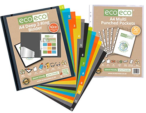 eco-eco Ringordner, A4, 95% recycelt, mit 1–12 Trennwänden und 50 Polytaschen, eco047_29_76 von eco-eco