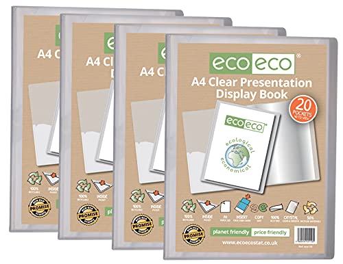 eco-eco Sichtbuch, A4, 50% recycelt, 20 Taschen, transparent, Aufbewahrungsbox, Portfolio, Kunstmappe, mit Kunststoffhüllen, 4 Stück, eco110 x 4 von eco-eco