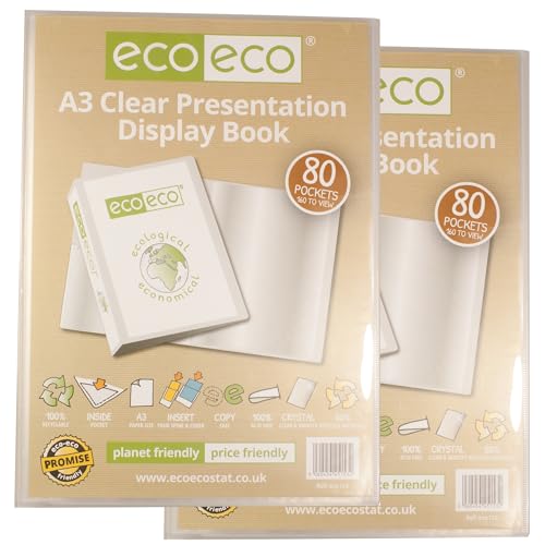 eco-eco Transparentes Präsentationsbuch im A3-Format, 50% recycelt, 80 Taschen, Aufbewahrungsetui, Kunstmappe mit Kunststoffhüllen, 2 Stück, eco153 x 2 von eco-eco