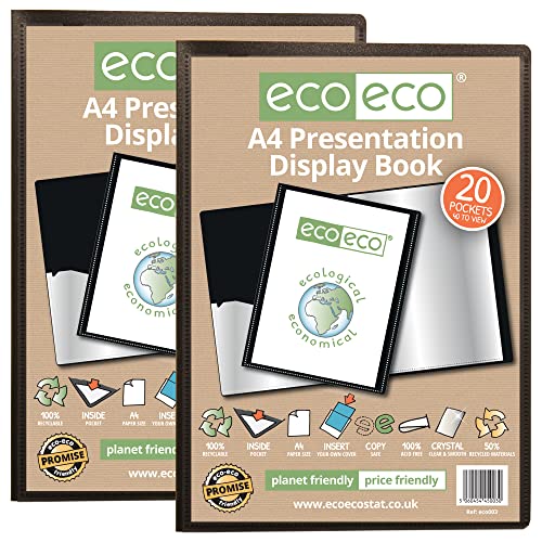 eco-eco eco003x2 Präsentationsmappe, A4-Format, 50% recycelt, Schwarz, 2 Stück – 20 Fächer, Portfolio, Kunstmappe mit Kunststoffhüllen für Schule, Büro und Geschäft, Dokumenten-Organizer, 2 Stück von eco-eco