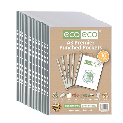 eco-eco eco013x20 A3 Hochformat, 100% recycelt, mehrfach gelocht, glasklar, transparent, Poly-Brieftaschenschutz, 90 Mikrometer (200 Stück) von eco-eco