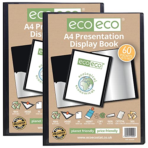 eco-eco eco020 x 2 Präsentationsmappe, A4-Format, 50% recycelt, 60 Hüllen, Schwarz, Präsentationsmappe mit Kunststoffhüllen, 2 Stück von eco-eco