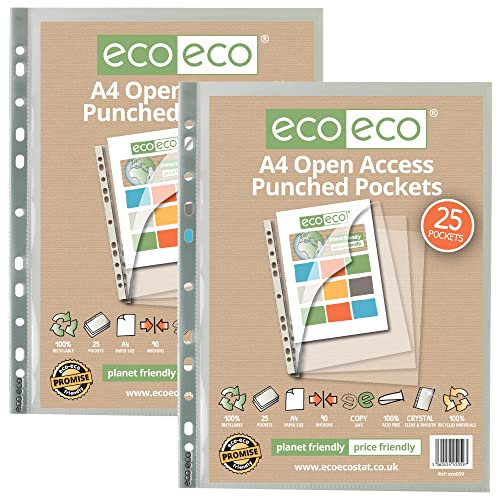 eco-eco eco059x2, A4, 100% recycelt, mehrfach gelocht, Glasklar, oben und seitlich offen, transparenter Polyester-Brieftaschen-Schutz, 90 Mikrometer (50 Stück), Grau von eco-eco