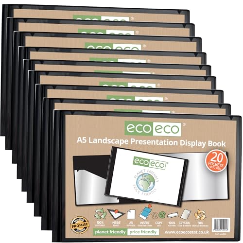 eco-eco eco094 x 12 A5 Präsentationsmappe mit 20 Taschen, 50% recycelt, Querformat, schwarz, mit Kunststoffhüllen, 12 Stück von eco-eco