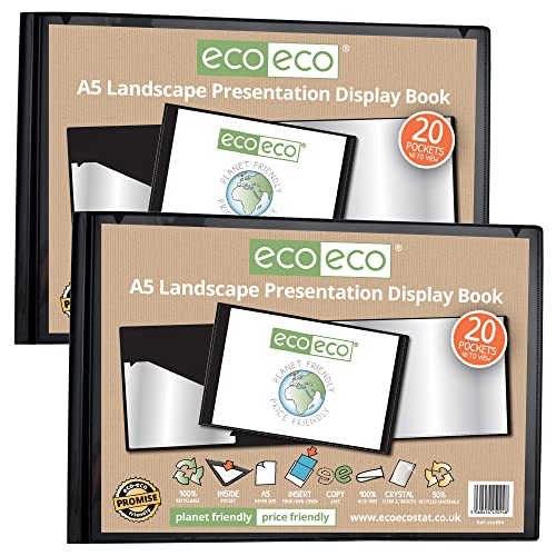 eco-eco eco094 x 2 A5 50% recyceltes Präsentationsbuch mit 20 Taschen, Querformat, schwarze Aufbewahrungsbox, Portfolio, Kunstordner mit Kunststoffhüllen, 2 Stück von eco-eco