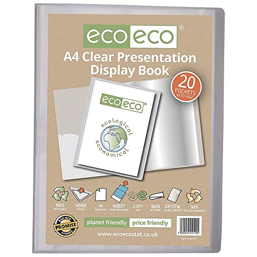 eco-eco eco110 Präsentationsbuch, A4, 50% recycelt, 20 Fächer, durchsichtig, Aufbewahrungsbox, Portfolio-Kunstmappe mit Kunststoffhüllen, transparent von eco-eco