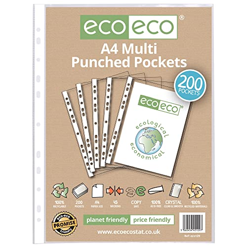 eco-eco A4 100% recycelte, mehrfach gelochte Klarsichthüllen, transparent, Poly-Brieftasche, 45 Mikron, 200 Hüllen, eco129, 200 Hüllen von eco-eco