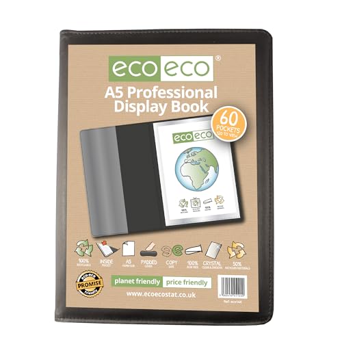 eco-eco eco144 Profi-Buch, A5, 50% recycelt, 60 Taschen, gepolstert, Kunstmappe mit Kunststoffhüllen, Schwarz von eco-eco