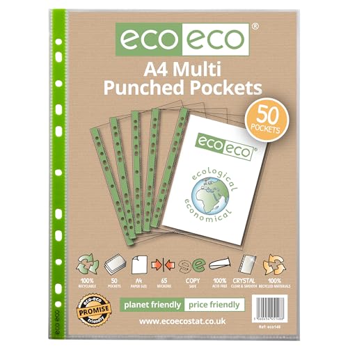 eco-eco eco148 Klarsichthüllen, A4, 100% recycelt, mehrfach gelocht, glasklar, transparent, Poly-Brieftasche, 65 Mikrometer, 50 Stück von eco-eco