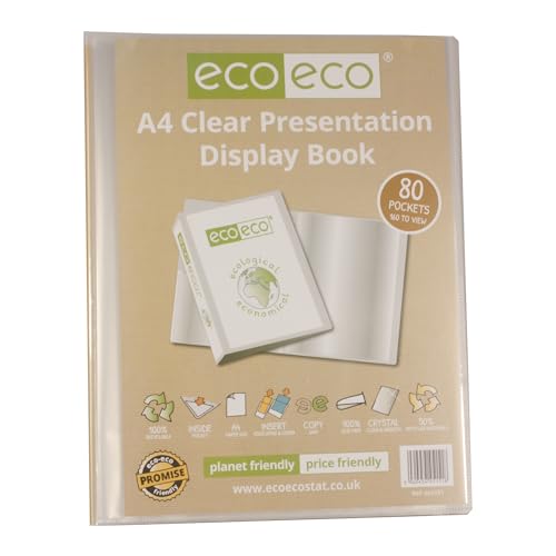 eco-eco eco151 Präsentationsbuch, A4-Format, 50% recycelt, 80 Taschen, transparent, Aufbewahrungsbox, Portfolio, Kunstmappe mit Kunststoffhüllen, transparent von eco-eco