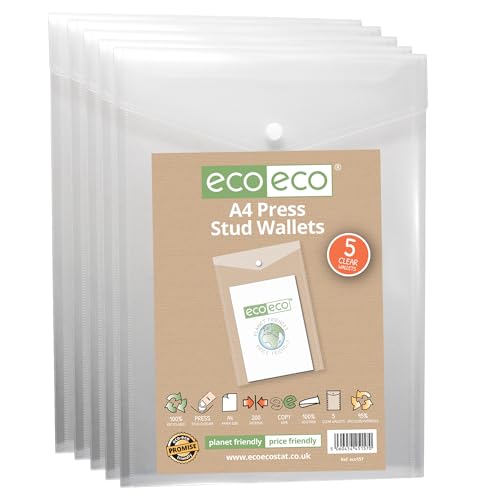 eco-eco eco157 Sichthülle mit Druckknopf, A4, 50% recycelt, transparent, Hochformat, Kunststoff, 330 x 235 mm, 5 Stück, 200 mic, eco157 von eco-eco