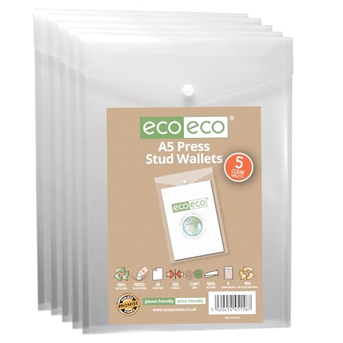 eco-eco eco158 Sichthülle mit Druckknopf, A5, 50% recycelt, transparent, Hochformat, Kunststoff, 230 x 170 mm, 5 Stück, 200 mic, eco158 von eco-eco