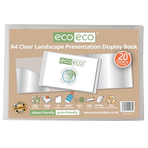 eco-eco eco175 Präsentationsmappe, A4, 50% recycelt, 20 Taschen, transparent, Querformat, Präsentationsmappe, Portfolio, Kunstmappe mit Kunststoffhüllen, transparent von eco-eco