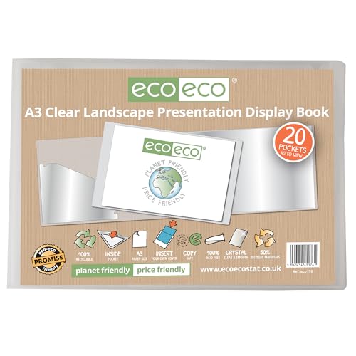 eco-eco eco176 Präsentationsbuch, A3, 50% recycelt, 20 Hüllen, transparent, Querformat, Aufbewahrungsetui, Kunstmappe mit Kunststoffhüllen, transparent von eco-eco